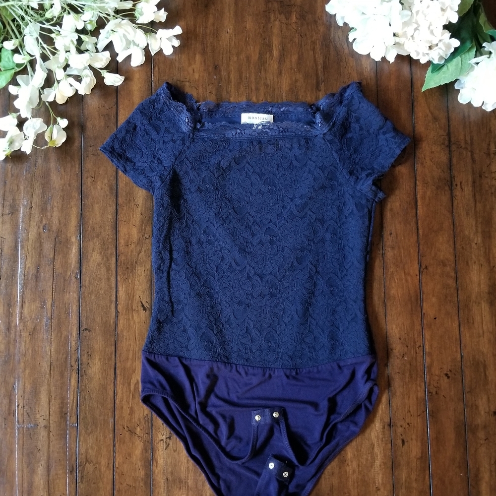 MONTEAU | Navy Royal Blue Lace Cap Sleeve BodySuit